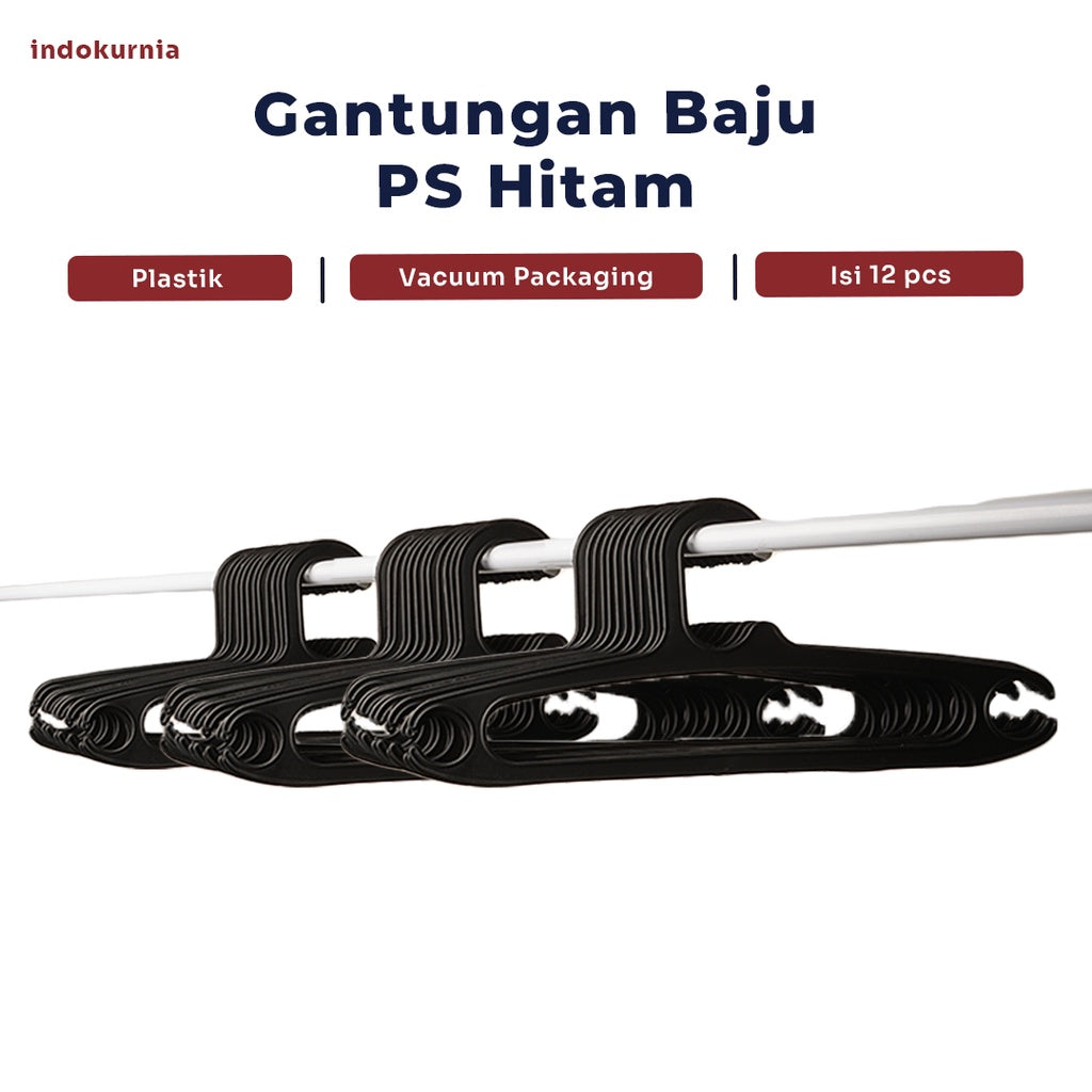 12 pcs Indokurnia Gantungan Baju PS Hitam